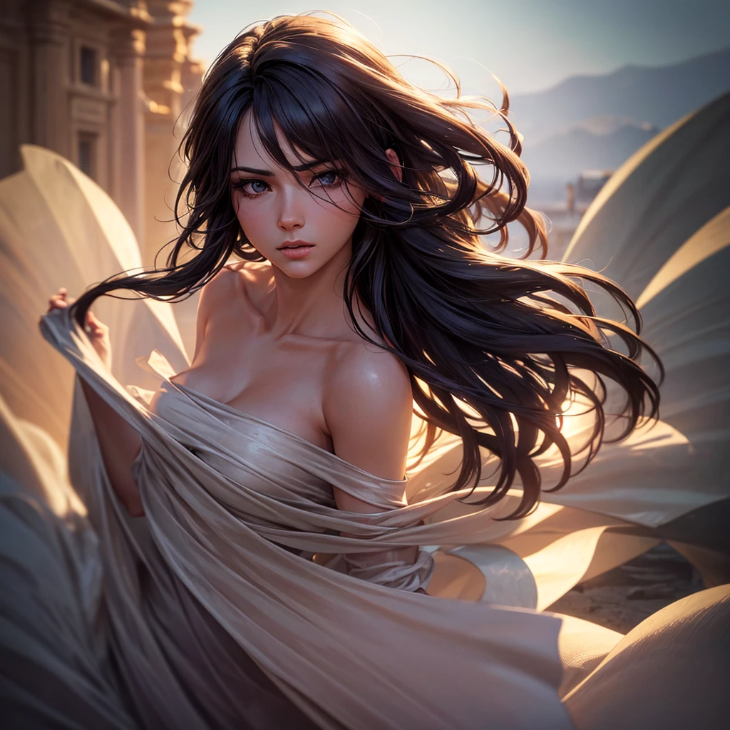 black hair, hair bobbles, longeyelashes, light smile, ear blush, god rays, cinematic lighting, from below, f/16, Wide-Angle, 8k, super detail, ccurate, Best quality Chinese woman in gorgeous dress，ancient wind，silkouette，Delicate headgear，hand sign，choker necklace，耳Nipple Ring，Black hair，Long hair and big waves，