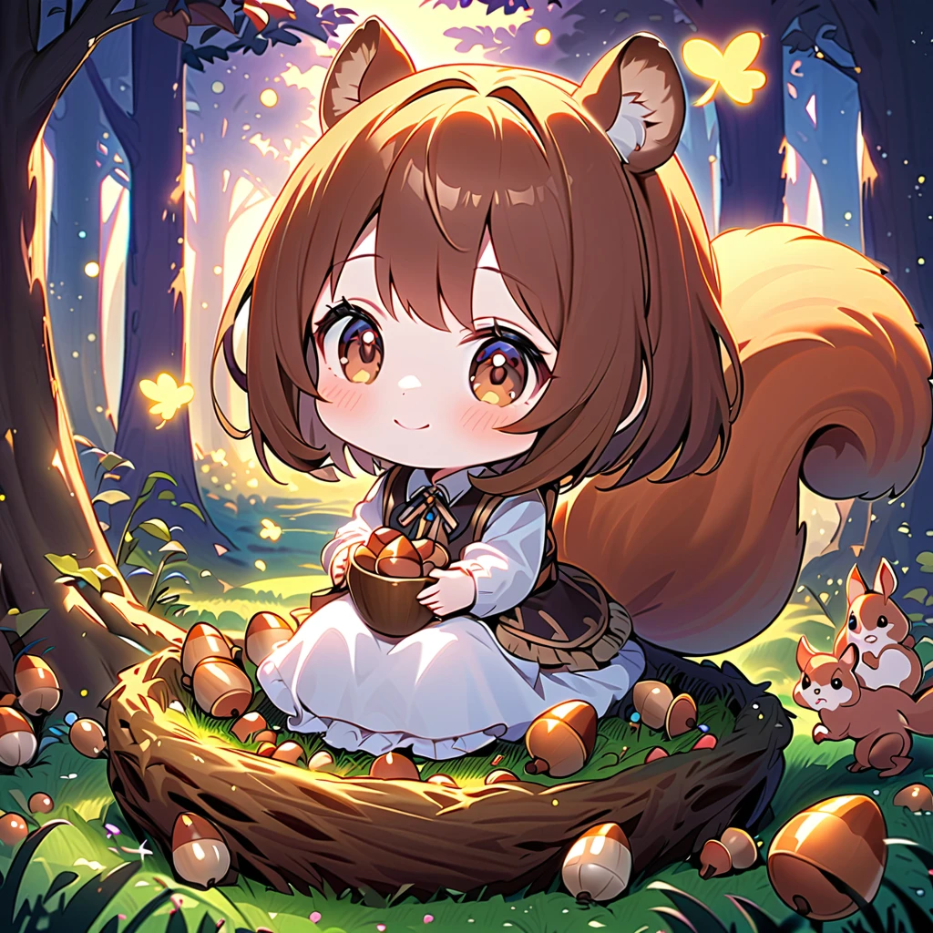 1girl, chibi, cute, pale skin, brown hair, bob, big droopy eyes, brown eyes, squirrel ears, squirrel tail,
big tree on squirrel nest, forest, stacked acorns, sitting on lawn, eat acorns,
happy, smile, close eyes, shimmer, dusk,
pastel, fantasy, masterpiece, best quality, hyper detailed,