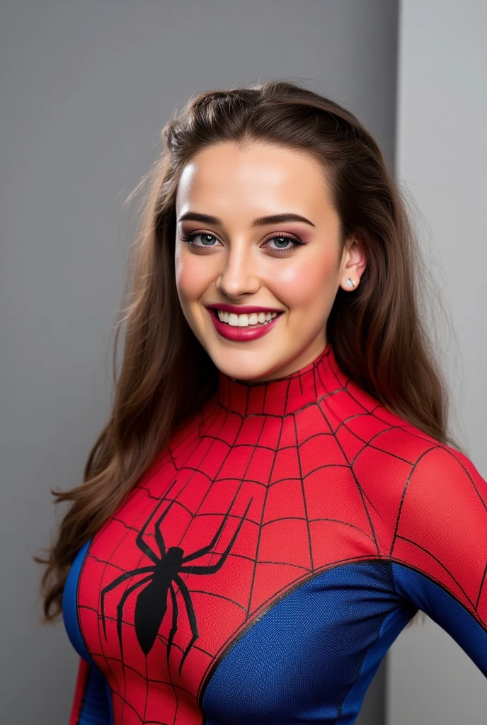 Hyper-realistic and detailed full-body photo of a smiling young woman wearing a Spider-Man outfit.  perfect eyes, ( eye makeup  :1.1), (detailed skin:1.1), (perfect large ), CRU, analog style, sharp focus, 8K UHD, dslr camera,  high quality, Fujifilm XT3, grain, awarded, masterpiece.