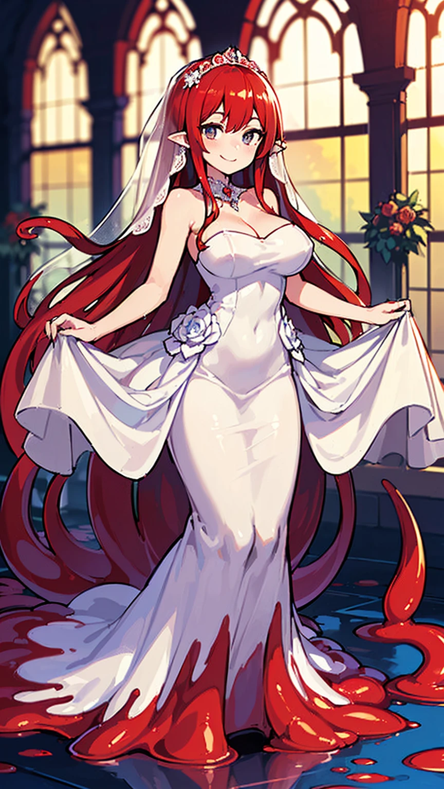 1girl, red lamia, scales, tail, full body, smile, long hair, red hair, yellow eyes, blush, happy face, bedroom, wedding dress, chinese girl, mature female, huge breasts, elbow gloves, white gloves,