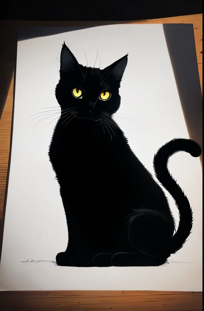 a black and white photo of a cat in the dark, a charcoal drawing by Caroline Lucy Scott, featured on pixabay, fine art, on black paper, cat silhouette, white ink sketch on black paper, detailed silhouette, chiaroscuro painting, black and white cat, chiaroscuro, monochrome drawing, light charcoal drawing, black silhouette