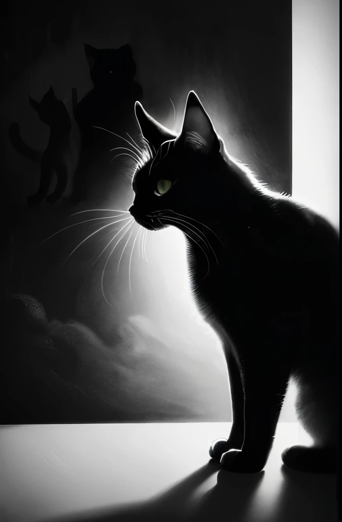 a black and white photo of a cat in the dark, a charcoal drawing by Caroline Lucy Scott, featured on pixabay, fine art, on black paper, cat silhouette, white ink sketch on black paper, detailed silhouette, chiaroscuro painting, black and white cat, chiaroscuro, monochrome drawing, light charcoal drawing, black silhouette