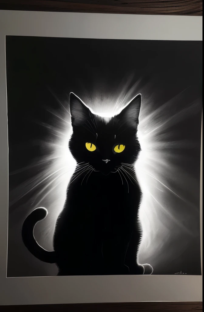 a black and white photo of a cat in the dark, a charcoal drawing by Caroline Lucy Scott, featured on pixabay, fine art, on black paper, cat silhouette, white ink sketch on black paper, detailed silhouette, chiaroscuro painting, black and white cat, chiaroscuro, monochrome drawing, light charcoal drawing, black silhouette