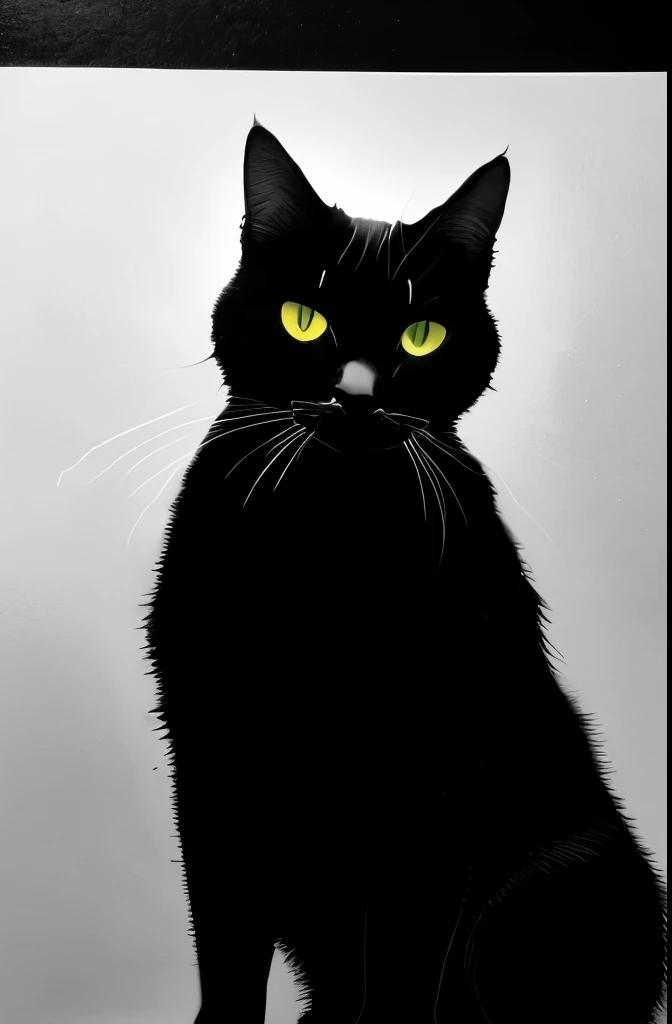 a black and white photo of a cat in the dark, a charcoal drawing by Caroline Lucy Scott, featured on pixabay, fine art, on black paper, cat silhouette, white ink sketch on black paper, detailed silhouette, chiaroscuro painting, black and white cat, chiaroscuro, monochrome drawing, light charcoal drawing, black silhouette