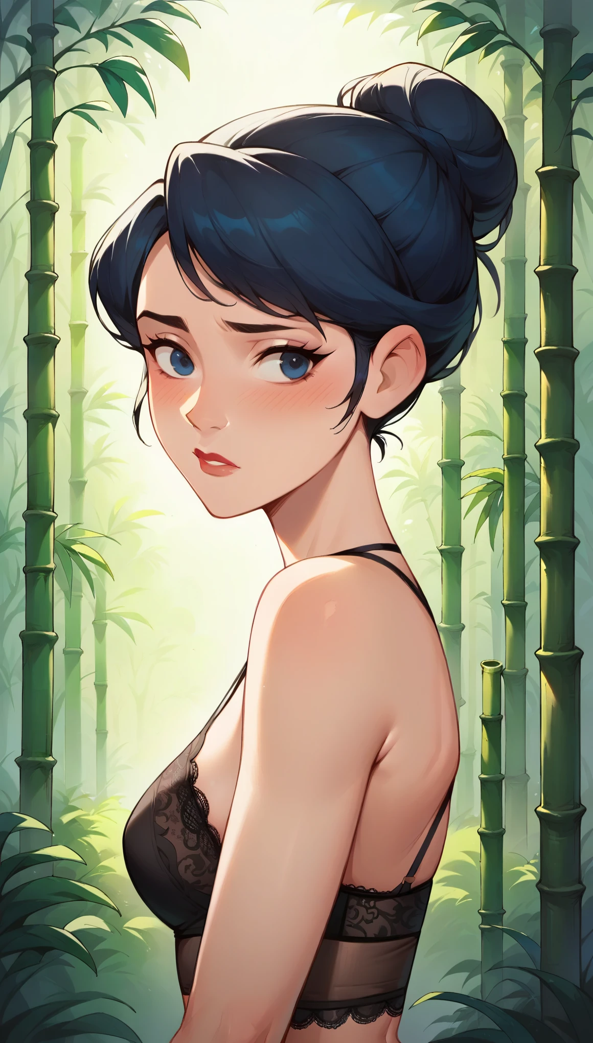 score_9, score_8_climb, score_7_climb, score_6_climb, MulanXLP, Single hair bun,blushing, black lace underwear ,see through ,,Medium bust,,sexually suggestive,Chinese temple, bamboo forest ,disney, Dutch corner,