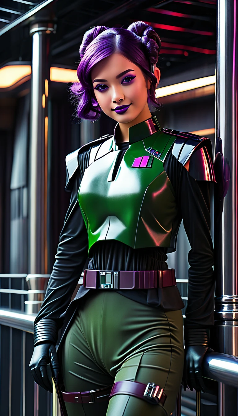 ((best quality, masterpiece:1.2), star wars theme, 8k detailed photo), AIDA_MeikaWoo2023, Gorgeous Star Wars Imperial death star gunner, all black latex uniform, ((full body leaning against railing)), (folded arms), (slender build, action pose), (death star theme), ((purple:grey eyes)), makeup, mascara, eyeshadow, red lipstick, , ((((hera syndulla)))) (((green skin))) , [freckles on cheeks], ((arrogant expression, proud smile, looking at camera, best quality, perfect face, half-smile, RAW photo))
