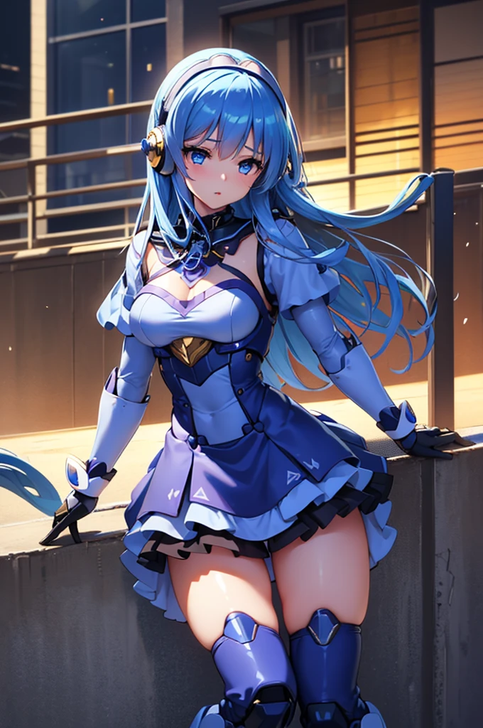 beautiful detailed eyes, beautiful detailed lips, extremely detailed eyes and face, long eyelashes, 1 girl, solo girl, mecha wing, thighs, tights, chest, shiny blue hair, headphones, idol dress, idol skirt, mecha girl, blue mini skirt, aiming bow, best quality, 4k, 8k, highres, masterpiece:1.2, ultra-detailed, realistic, photorealistic, photo-realistic:1.37, HDR, UHD, studio lighting, ultra-fine painting, sharp focus, physically-based rendering, extreme detail description, professional, vivid colors, bokeh, mecha, anime, sci-fi, concept art