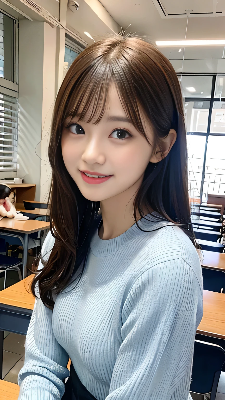 (RAW Photos: 1.2), (Realistic: 1.4), (highest quality: 1.4), 超High resolution, (Fine grain), (Detailed facial features), (Detailed clothing features), High resolution, 8k resolution, Focus Only, bangs, Skin Tightening, (Slender girl), dream-like, Japanese,
(Ultra-fine Illustration), landscape, No text,
Mid-chest, Straight hair, short hair, Black Hair, Dark Eyes,
One Girl, whole body, The background is the library,
Crystal Pendant,
Light blue tight sweater,
cute, sexy,
(smile),