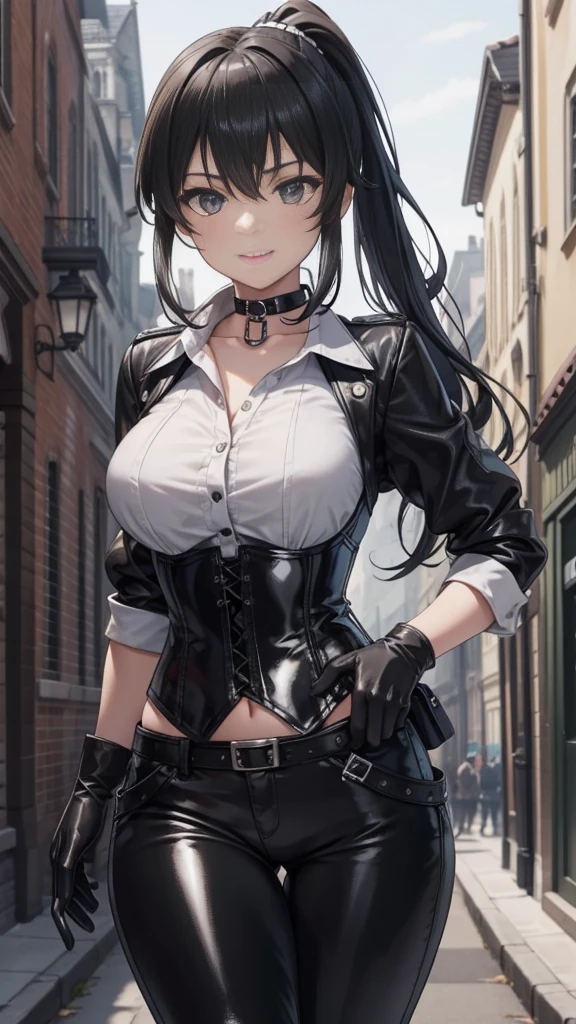  masterpiece ,  The best quality, high resolution,  beautiful detailed eyes ,  extremely detailed face, Detailed CG, 1 girl; standing,  view from the front,  tender expression , draw smile,  black hair short ponytail, brown eyes, He wears black headphones , choker:1.6, (( white buttoned shirt )), (black leather corset), ( black gloves), ( shiny black leather pants), Gothic alley , Gothic style city background , night, fog