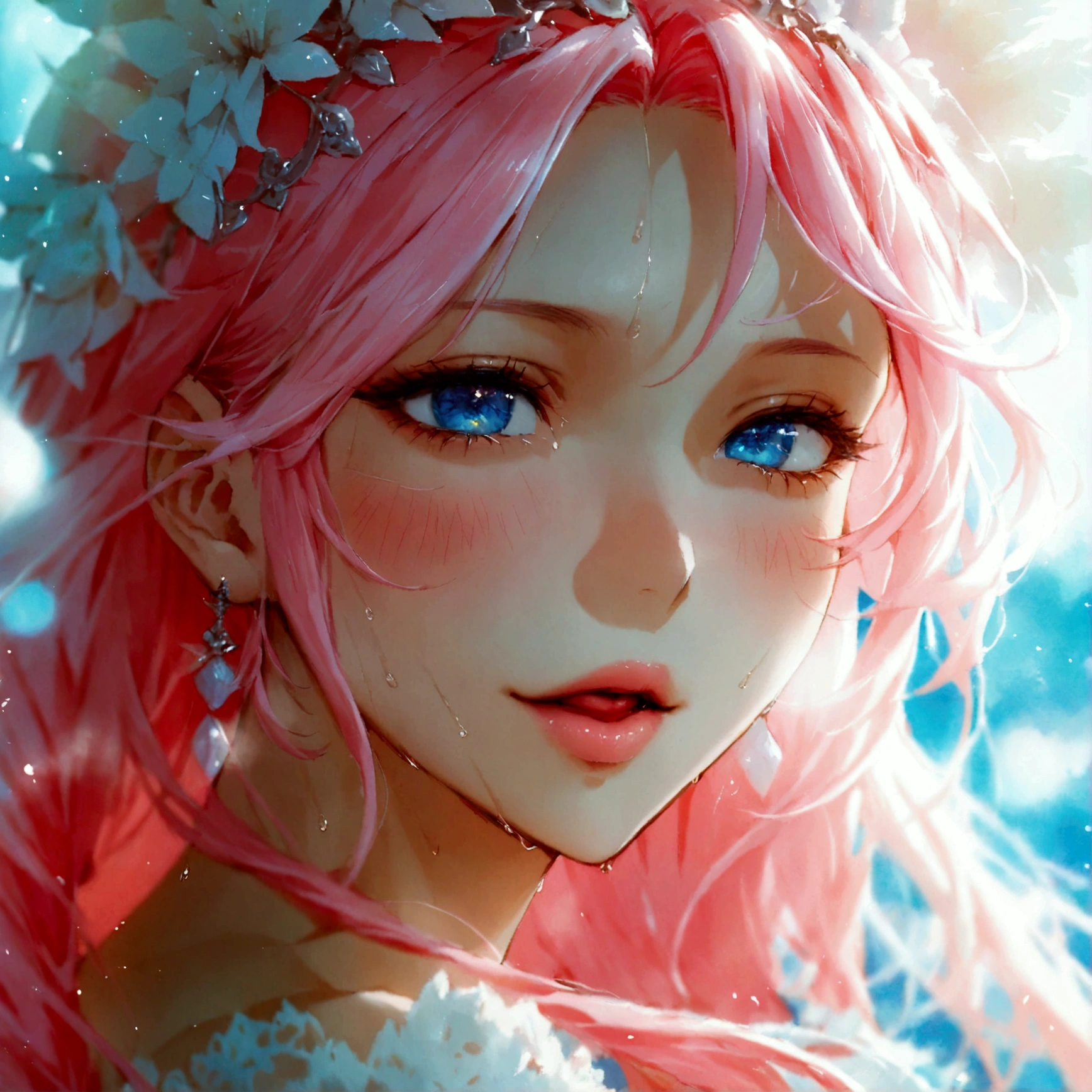 {{{best quality}}}, {1girl}, depth of field, beautiful detailed eyes, {game cg}, soft pretty face, beautiful woman, adult, watercolor on paper, {{{{{{2024 manhwa style}}}}}}, beautiful, sexy, {{{{perfect eyes}}}}, attractive, model, cinematic masterpiece, {{{{{detailed high quality face}}}}}, 8k quality, {{{{{proportional face}}}}}, perfect face, stunning, perfect body, soft features, muted colors, bright blue eyes, pink hair, bright pink hair, unnatural bubblegum pink hair, long hair, big eyes, soft innocent smile, slight blush, pink lips, cleavage showing