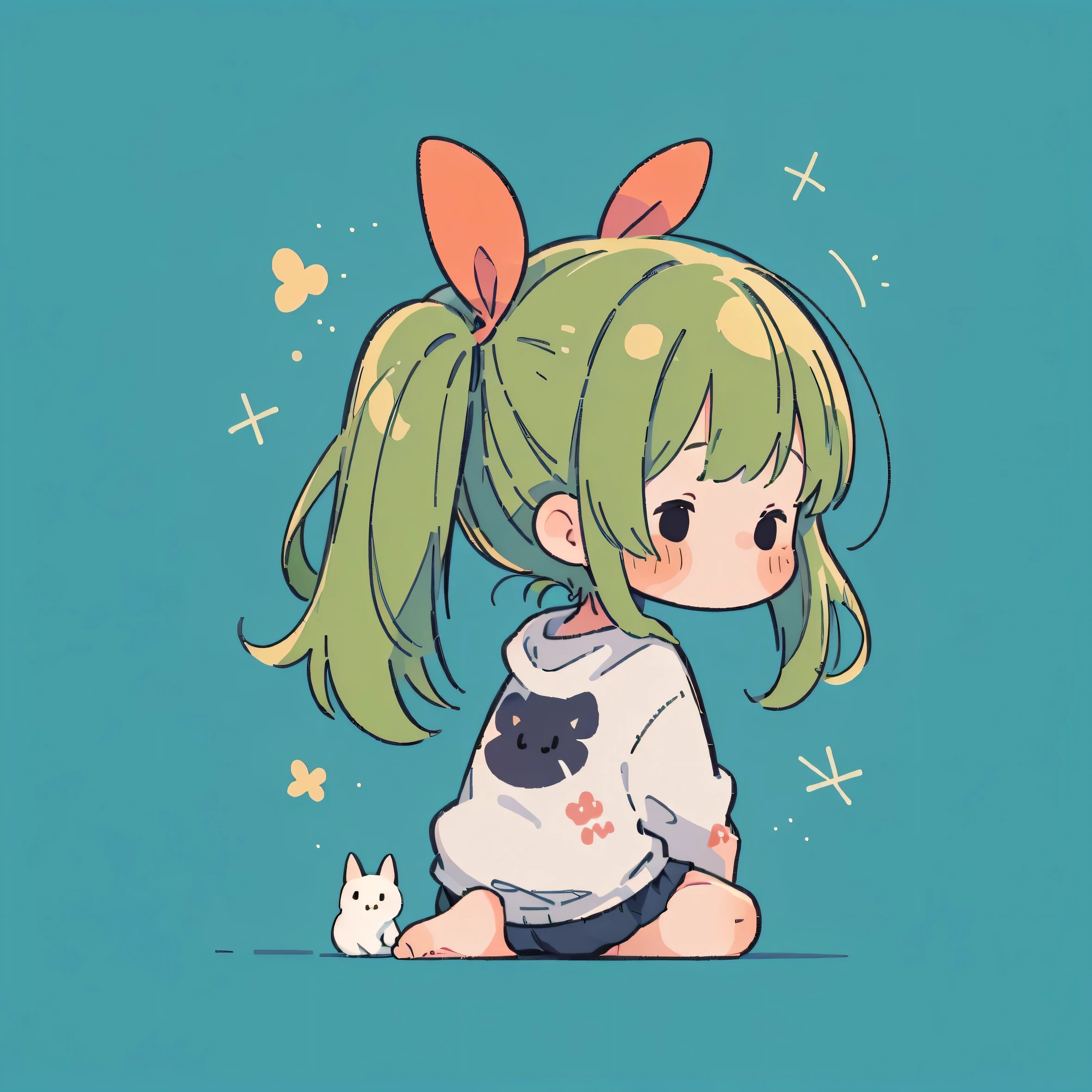 (masterpiece, Highest quality, Official Art:1.2), Pop, bright, colorful, 1Girl, long green hair, twin tails, Wearing an oversized hoodie, happy, cute, anime style, clear, bubblegum pop, sitting cross-legged, ((back view)), simple background, (Highest quality, masterpiece, High resolution, detailed), from behind, Gazing-into-the-Distance