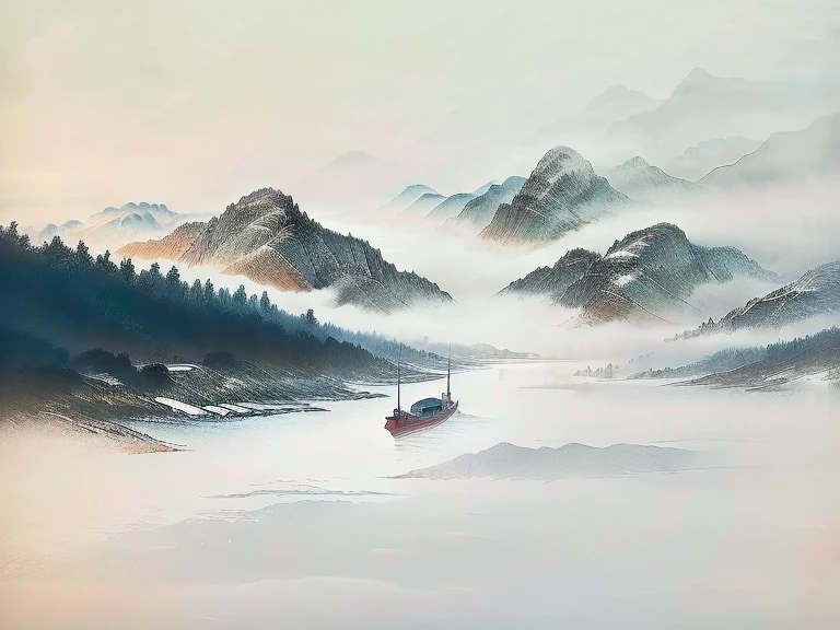 There is a photo of the mountains， in the foreground is a lake ,  There is a small red boat in the lake in the distance，mountains in Fog background,  Abstract natural landscape , Detailed view - width 672, Mountains in the background, Misty background , Misty mountains, Mountain background, Mountain background, Mountain background, Landscape background,  Floating mountains , Lake Background, water mist, Fog background, Water mist, mist，Magnificent，Ethereal，classical boat