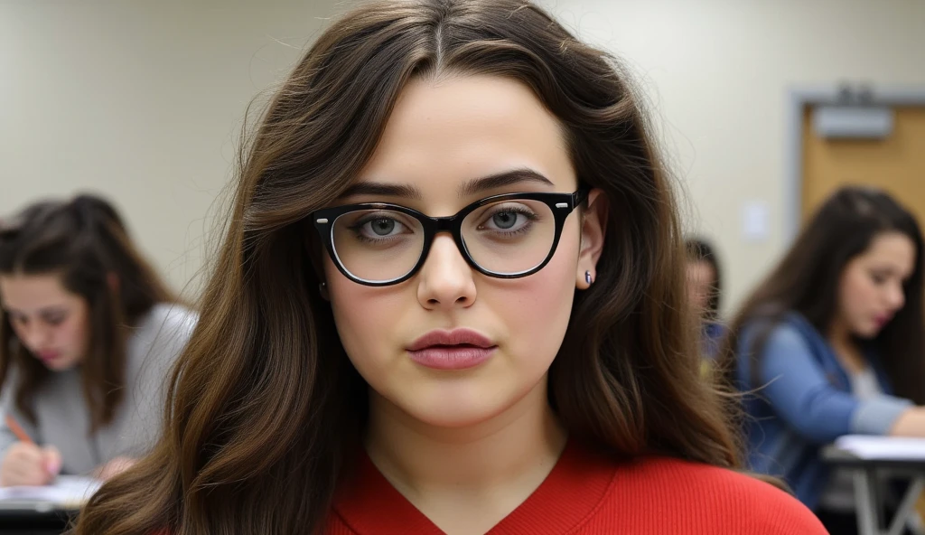  Hyperrealistic and detailed Longford photo studying in a classroom sitting at a desk, with nerd glasses ,  and several people in room .  perfect eyes, ( eye makeup  :1.1), (detailed skin:1.1), (perfect large ), CRU, analog style, sharp focus, 8K UHD, dslr camera,  high quality, Fujifilm XT3, grain, awarded, masterpiece.