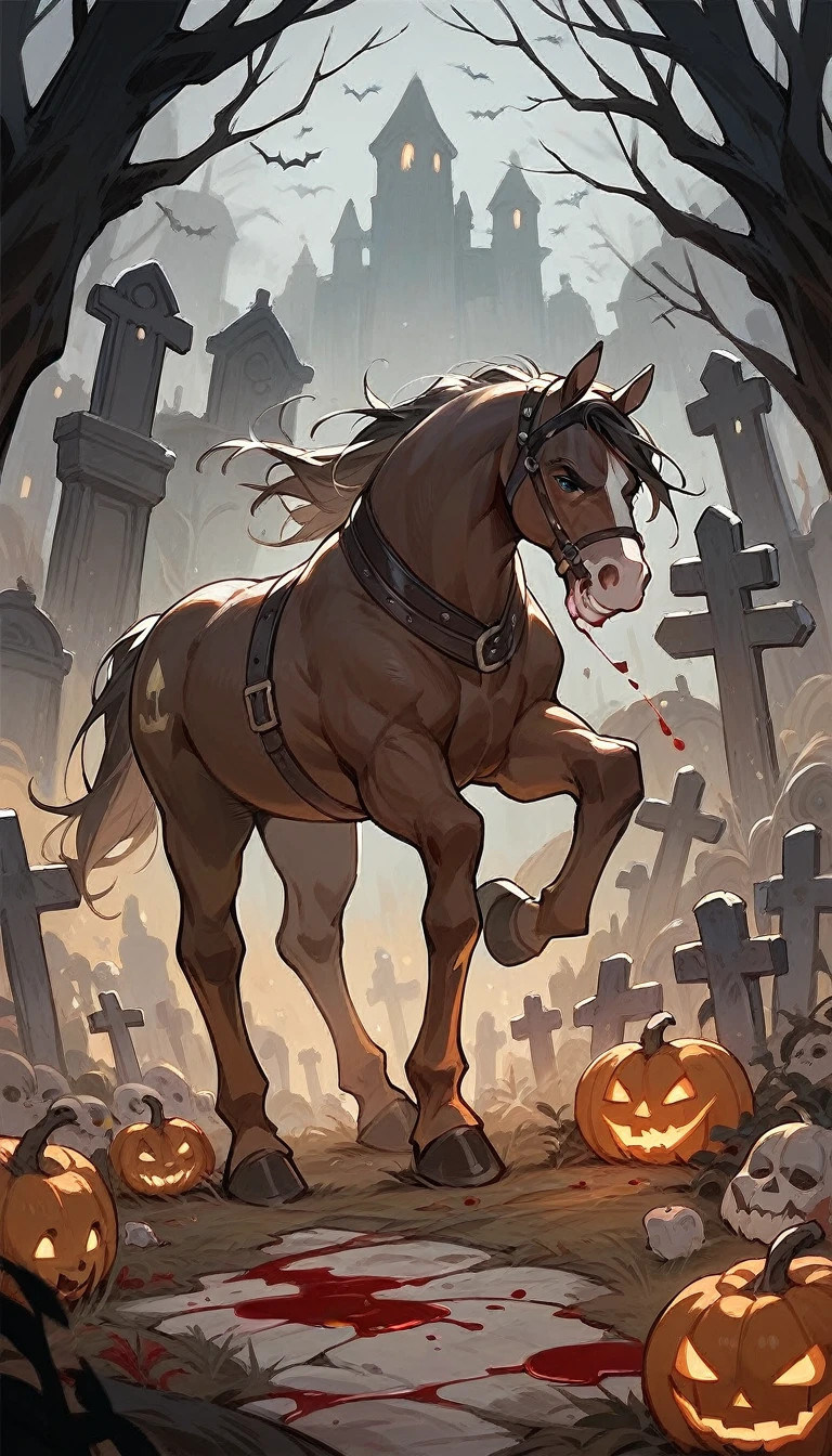 A man on a horse in a Halloween scenario the man has a sickle with blood flowing from it the setting is a cemetery 