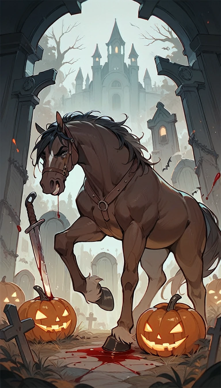 A man on a horse in a Halloween scenario the man has a sickle with blood flowing from it the setting is a cemetery 