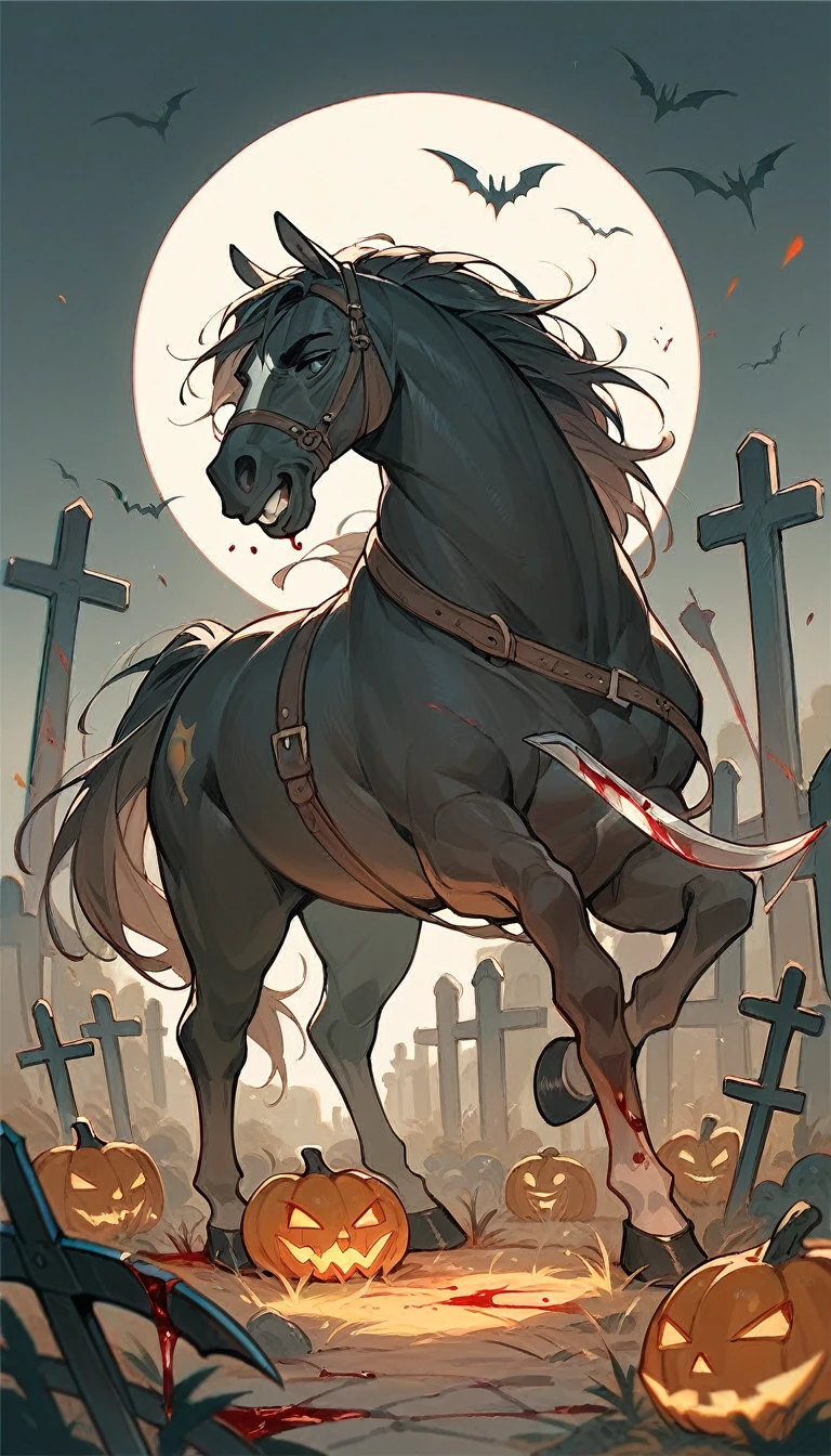 A man on a horse in a Halloween scenario the man has a sickle with blood flowing from it the setting is a cemetery 