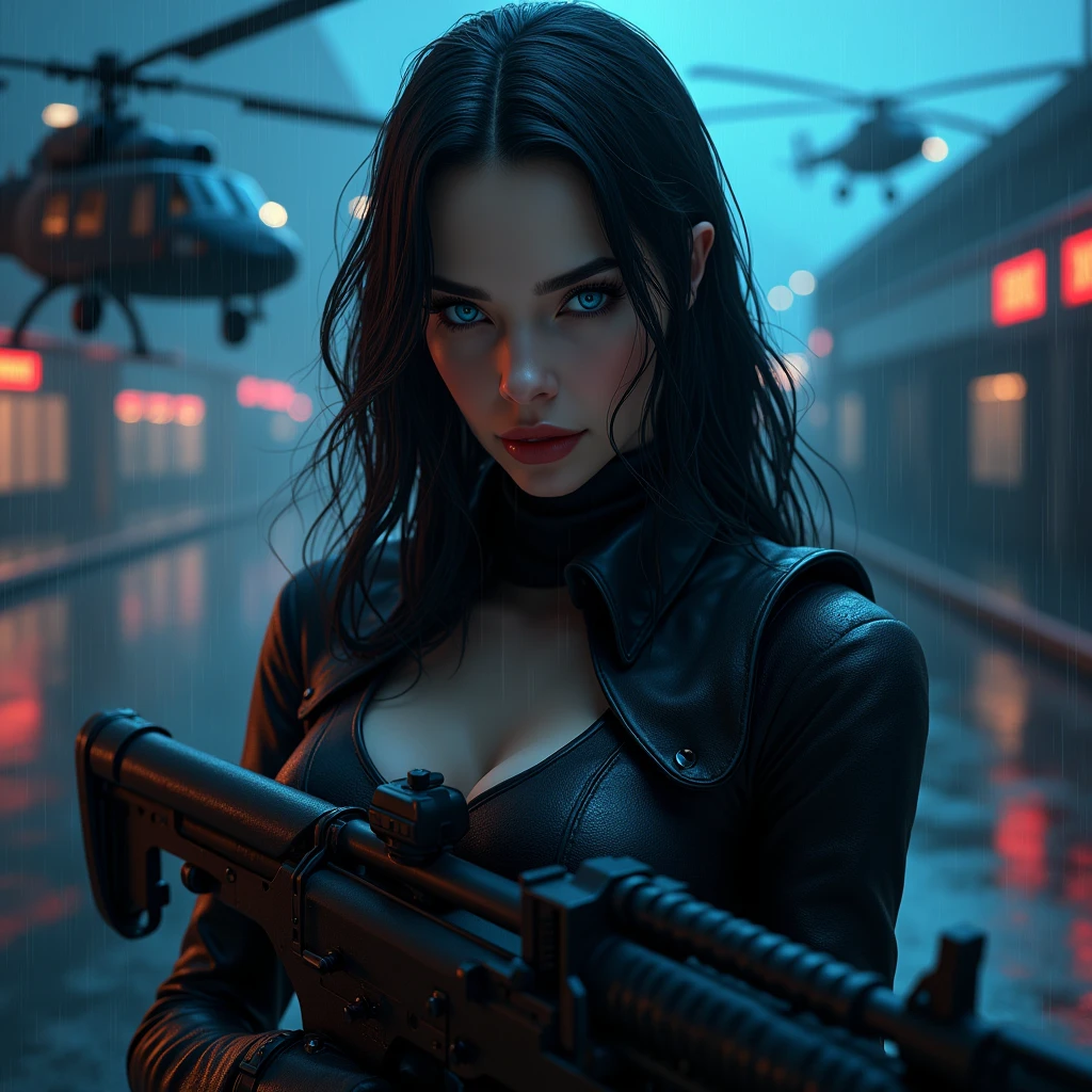 Close-up, a beautiful French woman, tattered clothes, wild long hair, tattered clothes , cleaveage, action movie scene, Dystopian Dinner Cinematic Blade Runner, natta, busy with neon signs, blade runner aesthetics, film cinematography, gangue trash, attractive person, High emphasis on detail, wearing weather technology equipment, gangue trash, full of life, gangue trash, action movie shot by Kon Satoshi, style semi impasto, dark ink, Atmospheric, Ablaze, lighting dramatic, Beautiful eyes, symmetric eyes, perfects eyes. Matrix style, (((Matrix cascading code))), (((a futuristic twin tower skyscraper with a unique twisted design))), (((OLED GUI interfaces in the building))), at night, (((((1girl, solo))))), photo realistic, (((((((large-breast:1.1 slim body, cleavage:1.4))))))), (((((off broken mini sling-shirt and black sling bra, extreamly short pleated miniskirt exposing panty))))), (((((running pose))))), (((((((matrix style black micro sunglasses))))))), ((((((((((aiming with a short gun)))))))))), (((((looking at camera))))), (((very low view))), (((((half-body thigh level medium shot))))), (((cinematic lighting))).