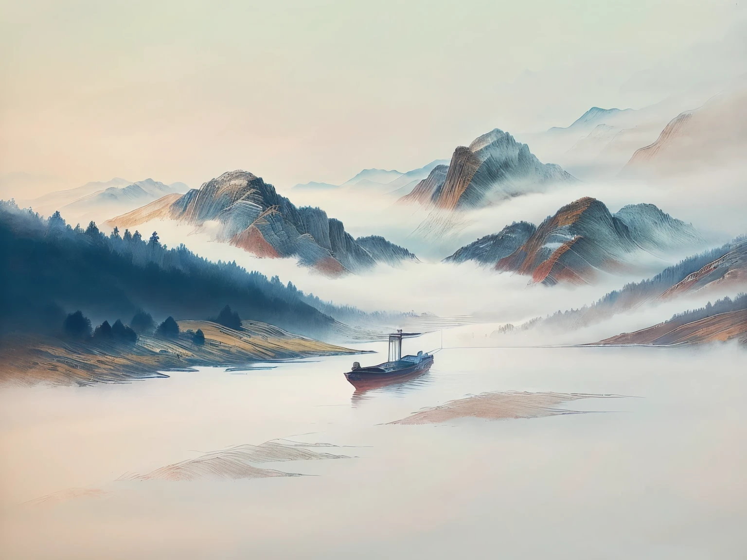 There is a photo of the mountains， in the foreground is a lake ,  There is a small red boat in the lake in the distance，mountains in Fog background,  Abstract natural landscape , Detailed view - width 672, Mountains in the background, Misty background , Misty mountains, Mountain background, Mountain background, Mountain background, Landscape background,  Floating mountains , Lake Background, water mist, Fog background, Water mist, mist， majestic，The fairy spirit is ethereal ，classical boat