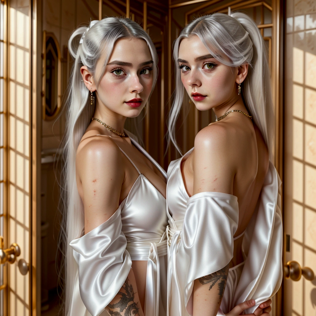  standing inside the bathroom , awakened, collar, earrings,  full body, Long white hair, white kimono, magnificent, ultra-high definition, RAW Photo, realism: 1.25), ( shiny lip gloss ,  long eyelashes , soft face ,  shiny skin,  natural shadows , Wide light, Wide light,  depth of field ,  strong colors, Subtle caustic : 0.8), smile, (big tits), V6