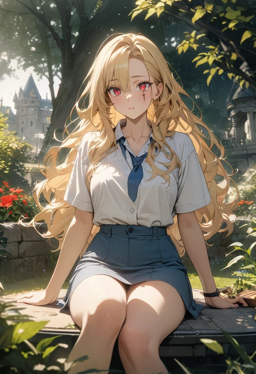 ((sentier en montagne)), ((crépuscule)), gros seins, jambes grasses, ((vue de profil)), ((assise)), ((perfect eyes)), (extremely fine and beautiful:1.1), (perfect details:1.1), (finely detailed eyes and detailed face:1.3), Power, Chainsaw man, blond hair, cross-shaped pupils, long hair, blue jacket, collared shirt, necktie, pink shirt, long sleeves, collarbone, skirt, (pantyhose shining), straight red horns, high heels