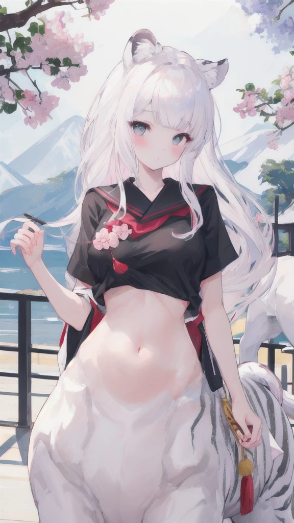 (masterpiece, best quality), 1girl, white hair, long hair, pink eyes, blossom, in hot springs, blossom, naked, in the , naked, facing backwards, two horn, tatto dragon, tatto back, black tatto,
