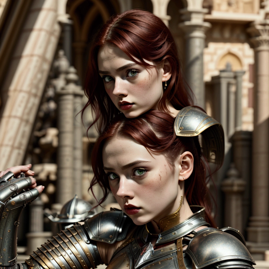 1 woman, in the mouth, armor, Red hair,  battle pose , Photorealistic, Hyperrealistic, hyperdetailed, analogue style, tilted hip, demure, Low cut, Detailed skin, Matte skin,   soft lighting , subsurface dispersion, realistic,   Heavy Shadow  ,  masterpiece ,  The best quality, ultra realistic, 8K,  Golden Ratio , intricate,  High level of detail,  cinematographic photography , soft focus,  blurry background 