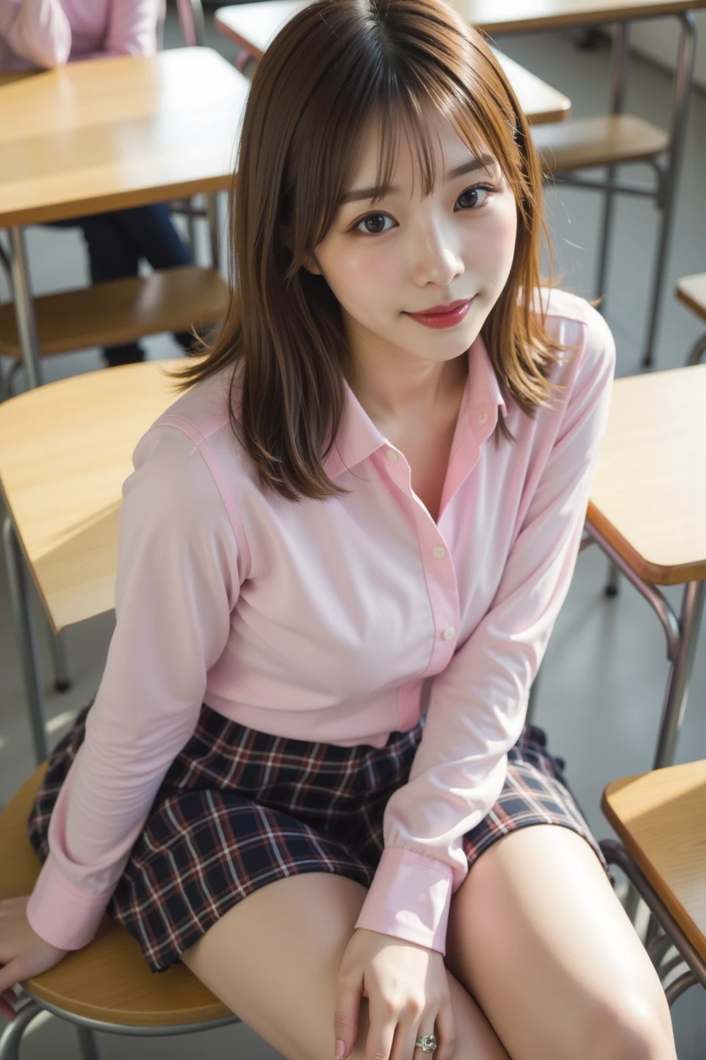 Bright classroom、(((alone))),(((1 girl))), beautiful, shape, Highly detailed skin, masterpiece, Highest quality, Highly detailed face, Vibrant colors, Written boundary depth, Cinema Lighting,, One Girl, alone, Brown eyes, Brown Hair, hair ornaments,short hair,Red Check Skirt,blush, White shirt, masterpiece Highest quality 高解像度、Anna Tanaka , Sit with your knees bent、eight-headed body、beautiful足 、On campus、As if looking up from below、Embarrassing,Browsing Caution,White panties,Camel Toe