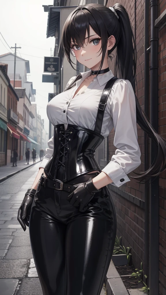  masterpiece ,  The best quality, high resolution,  beautiful detailed eyes ,  extremely detailed face, Detailed CG, 1 girl; standing,  view from the front,  tender expression , draw smile,  black hair short ponytail, brown eyes, He wears black headphones , choker:1.6, (( white buttoned shirt )), (black leather corset), ( black gloves), ( shiny black leather pants), Gothic alley , Gothic style city background , night, fog