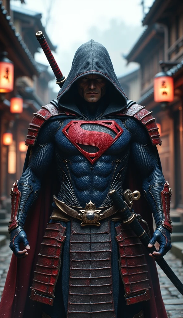 Create an ultra-realistic, wide-shot image of Superman reimagined as a majestic Samurai warrior, standing in a traditional Japanese street. His tactical samurai armor merges classic samurai design with Superman’s iconic colors and symbol, featuring red and blue armor plating with a subtle, embossed 'S' emblem on the chest. His attire includes a high-tech cloak with a hood draped over his head and shoulders, adding an aura of mystery to his powerful stance. Superman holds a long, sharp katana strapped to his back, symbolizing his strength and honor. The scene is set on an old Japanese street with wooden buildings, kanji signs, and warm, glowing lanterns, creating an authentic historical Japanese atmosphere. Mist drifts softly through the scene, adding a cinematic feel, while Superman’s presence as a noble Samurai warrior is highlighted in a wide shot, blending his heroism with the dignity and grace of a Samurai."