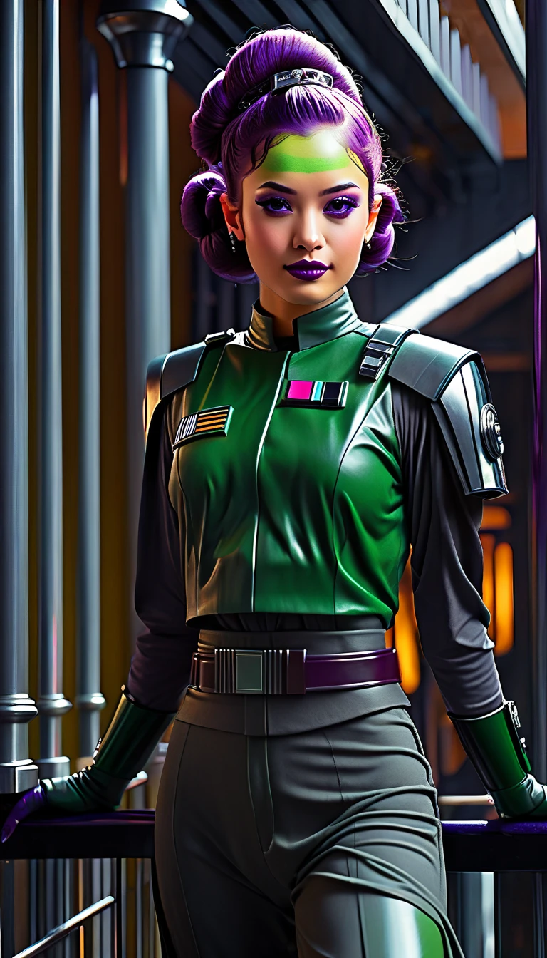 ((best quality, masterpiece:1.2), star wars theme, 8k detailed photo), AIDA_MeikaWoo2023, Gorgeous Star Wars Imperial death star gunner, all black latex uniform, ((full body leaning against railing)), (folded arms), (slender build, action pose), (death star theme), ((purple:grey eyes)), makeup, mascara, eyeshadow, red lipstick, , ((((hera syndulla)))) (((green skin))) , [freckles on cheeks], ((arrogant expression, proud smile, looking at camera, best quality, perfect face, half-smile, RAW photo))
