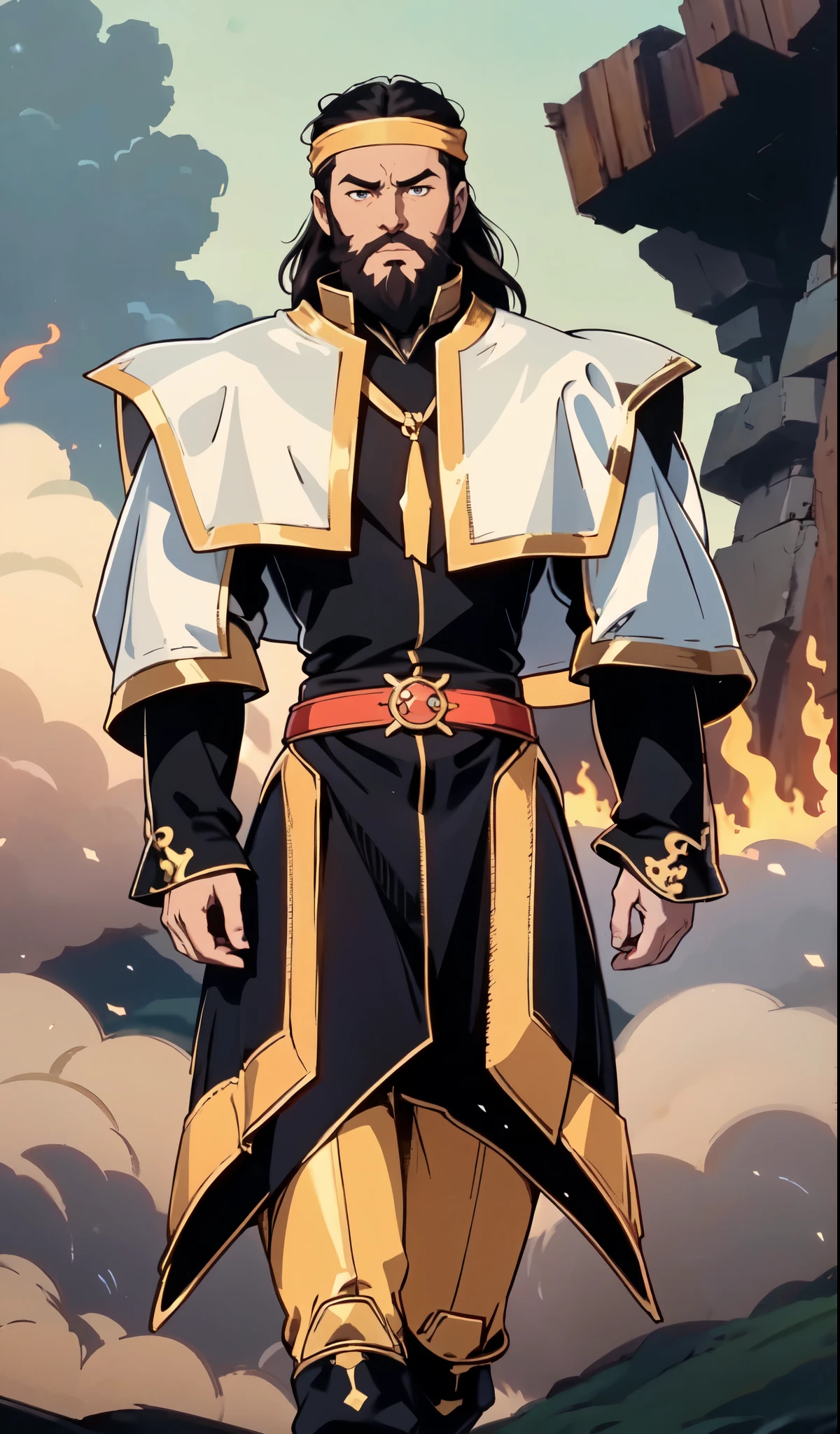 (masterpiece:1.2, best quality:1.2, extremely delicate:1.2), ((male:1.5)), a middle-aged man with medium-length black hair, a yellow headband, thick eyebrows, focused gaze, dignified face, large beard, tall and slender physique, a fantasy-style mage robe, the color scheme is primarily Yellow with White and ‎Black accents, large wide hem, large shoulder armor resembling a cloak, a fire dragon belt, fabric trousers, the background features a thundercloud sky lit up by a red glow from the flames, this character embodies a finely crafted fantasy-style mage in anime style, exquisite and mature manga art style, dramatic, high definition, highres, ultra-detailed, ultra-fine painting, professional, perfect body proportions, golden ratio, anatomically correct, symmetrical face, extremely detailed eyes and face, high quality eyes, creativity, RAW photo, UHD, 32k, Natural light, cinematic lighting, (masterpiece-anatomy-perfect:1.2)