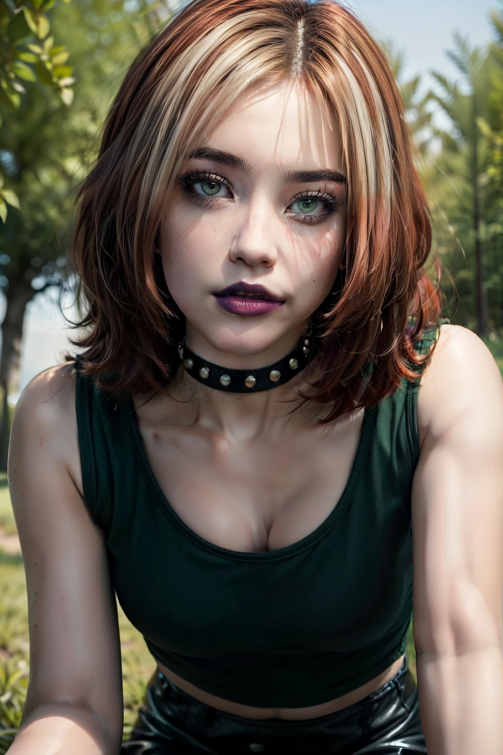 (masterpiece, best quality, ultra-detailed), 1girl, RogueXME, two-tone hair, (red hair), white bangs, green eyes, purple makeup, purple lipstick, choker, studded collar, medium breasts, green shirt, black skirt, mini skirt, all fours, grass, trees
