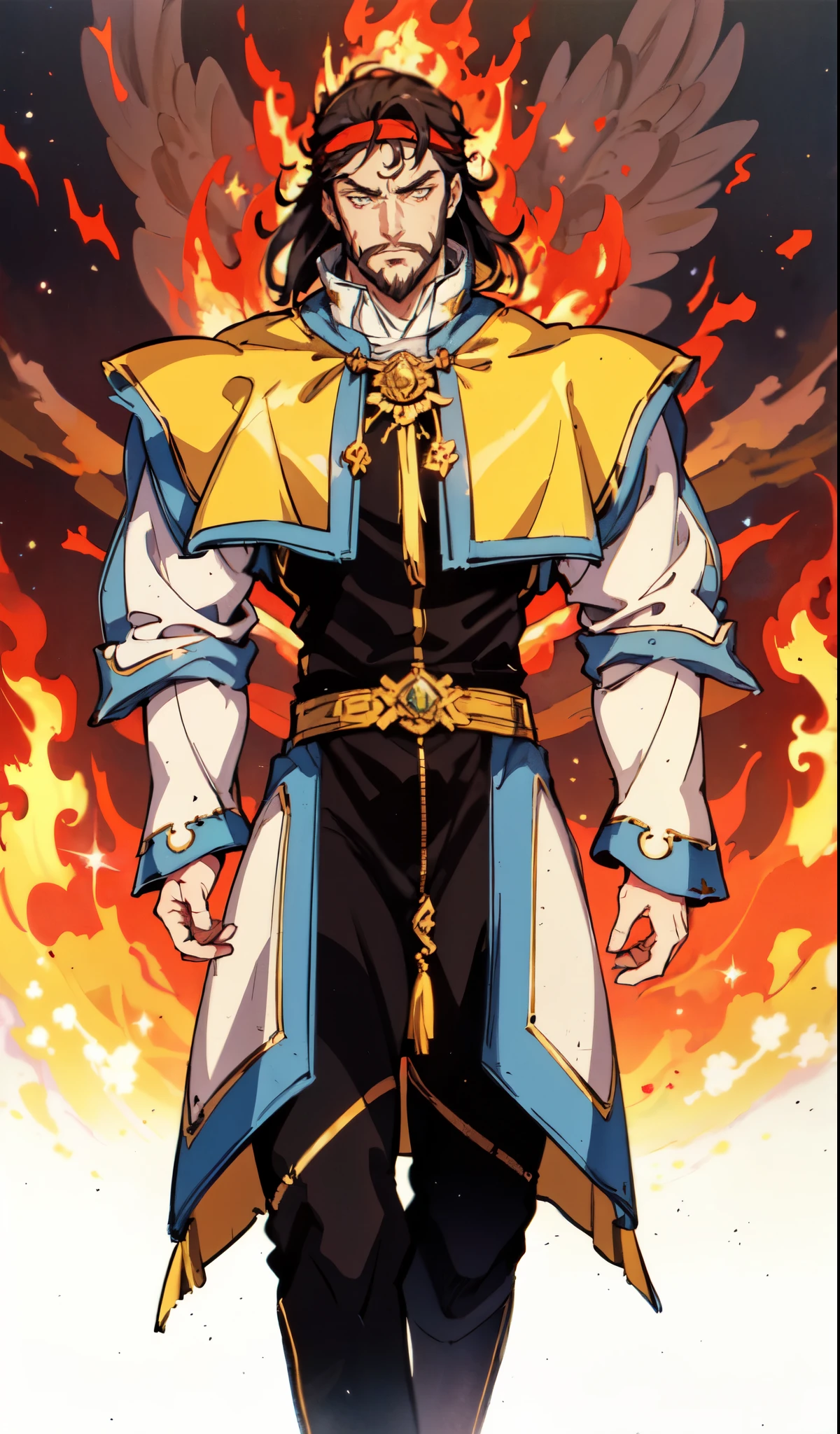 (masterpiece:1.2, best quality:1.2, extremely delicate:1.2), ((male:1.5)), a middle-aged man with medium-length black hair, a yellow headband, thick eyebrows, focused gaze, dignified face, large beard, tall and slender physique, a fantasy-style mage robe, the color scheme is primarily Yellow with White and Black accents, large wide hem, large shoulder armor resembling a cloak, a fire dragon belt, fabric trousers, the background features a thundercloud sky lit up by a red glow from the flames, this character embodies a finely crafted fantasy-style mage in anime style, exquisite and mature manga art style, dramatic, high definition, highres, ultra-detailed, ultra-fine painting, professional, perfect body proportions, golden ratio, anatomically correct, symmetrical face, extremely detailed eyes and face, high quality eyes, creativity, RAW photo, UHD, 32k, Natural light, cinematic lighting, (masterpiece-anatomy-perfect:1.2)