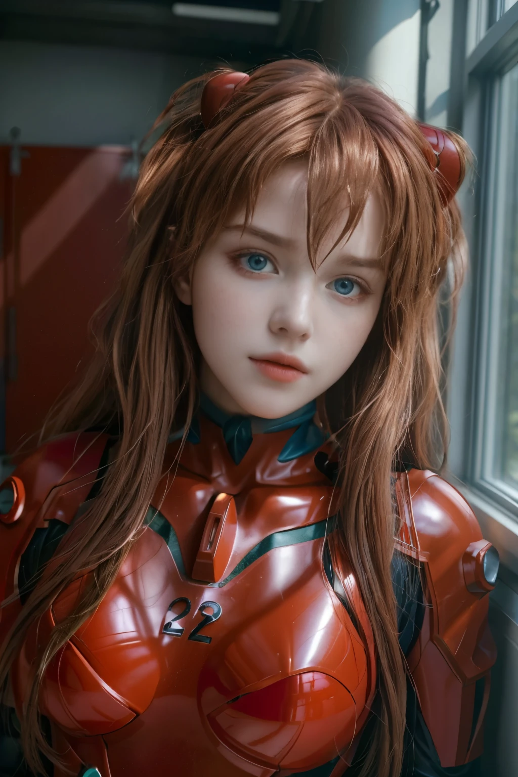 4K, 8K, (Masterpiece, best quality:1.2), blue eyes, perfect face, cosplay, professional photo, photo, photorealism, modelshoot style, portrait of shirogane, red plugsuit, feminine, bedroom, bed, sheets, window, plants, upper body, face shot