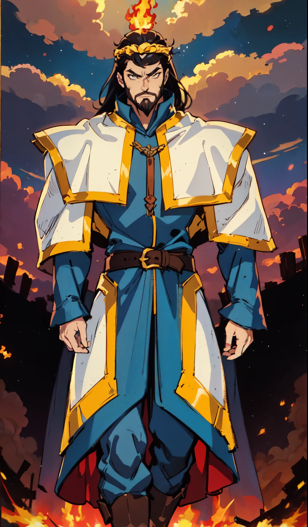 (masterpiece:1.2, best quality:1.2, extremely delicate:1.2), ((male:1.5)), a middle-aged man with medium-length black hair, a yellow headband, thick eyebrows, focused gaze, dignified face, large beard, tall and slender physique, a fantasy-style mage robe, the color scheme is primarily Yellow with White and ‎Black accents, large wide hem, large shoulder armor resembling a cloak, a fire dragon belt, fabric trousers, the background features a thundercloud sky lit up by a red glow from the flames, this character embodies a finely crafted fantasy-style mage in anime style, exquisite and mature manga art style, dramatic, high definition, highres, ultra-detailed, ultra-fine painting, professional, perfect body proportions, golden ratio, anatomically correct, symmetrical face, extremely detailed eyes and face, high quality eyes, creativity, RAW photo, UHD, 32k, Natural light, cinematic lighting, (masterpiece-anatomy-perfect:1.2)