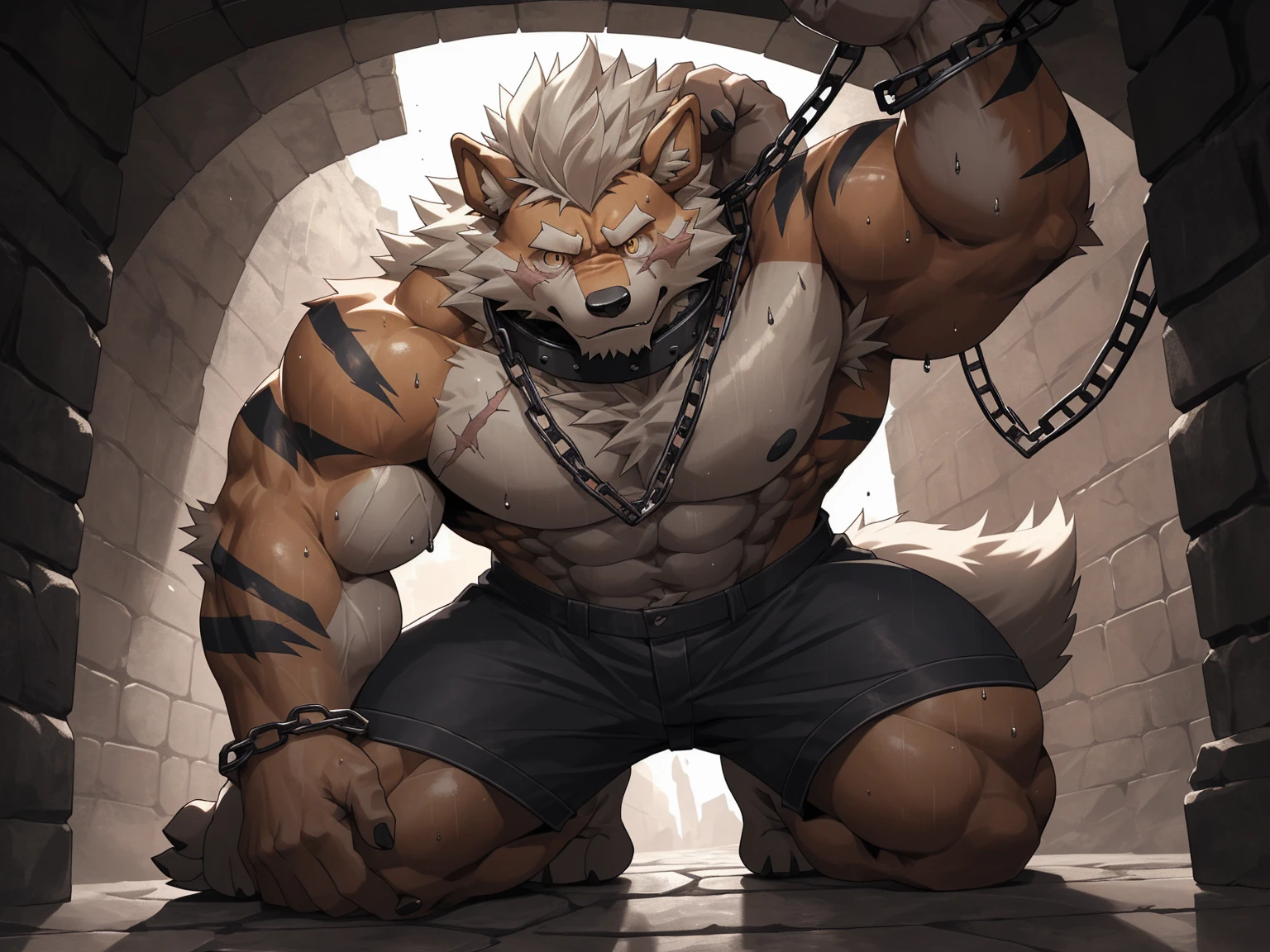 Best quality, masterpiece,ultra high res,detailed background,realistic, real shadow and light,depth of field, looking at the viewer, strong arm and veins, (furry male), (Leopard furry), slave outfit, topless, collar on his neck, older, elder, beard, Sexy body, angry face, sweat body, bandage on shoulder and arm, injured, bandage on body, underground prison, dirty and dim, Buffy, old guy, middle aged, full body, close up, buffy, muscle, open mouth, huge scar on his body, aggressive, hands hanging with chains, hanging with with wall, tan skin, handcuffed, chained, prison,