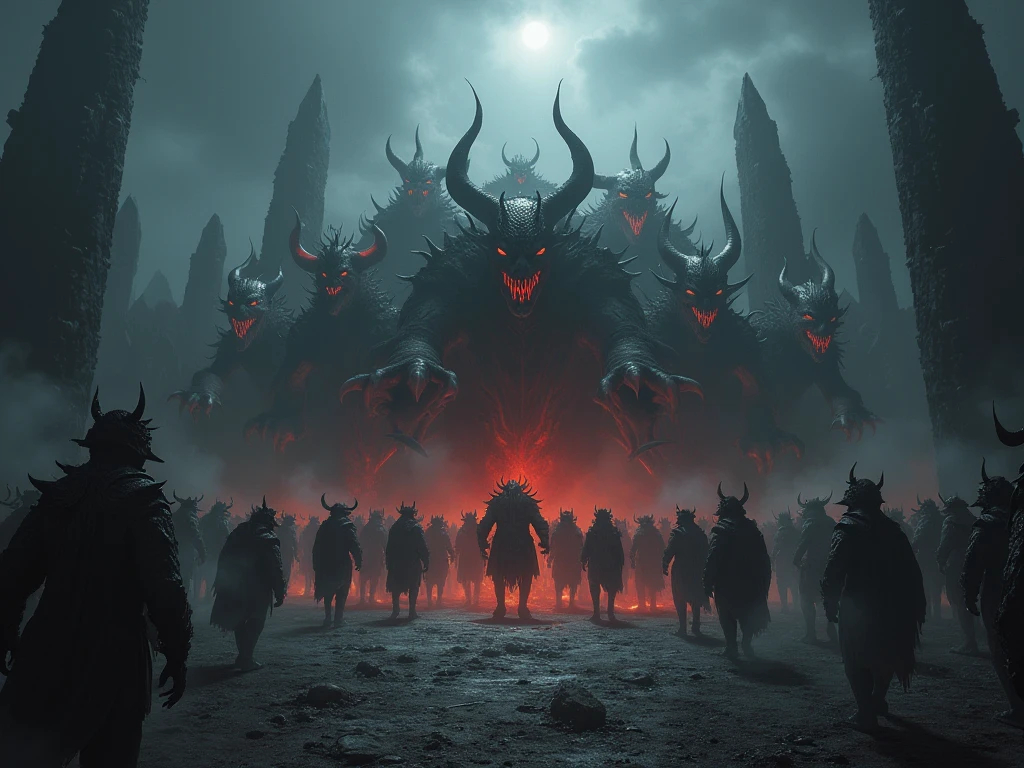 A cinematic, epic scene of a dark army led by a Dark Lord invading a village at dusk. Human Escape,The sky is filled with dark clouds and smoke from burning buildings, casting an eerie and apocalyptic glow. The Dark Lord, towering and menacing with glowing red eyes and dark armor, wields a staff emitting dark, crackling energy. The army consists of shadowy figures in dark armor, wielding sinister weapons, marching forward with discipline and menace. Evil magic swirls in the air, casting ominous shadows and eerie green and purple glows. Behind them, giant war beasts and monstrous creatures wreak havoc, smashing buildings and roaring. Villagers are seen fleeing in terror, some carrying children or belongings, while others fight desperately to defend their homes. Fires blaze throughout the village, adding to the chaos and destruction. The overall scene is highly detailed and realistic, capturing the intensity and terror of the invasion with a high level of cinematic quality. The style should evoke an apocalyptic and dramatic mood, with a focus on evil magic and a dark, foreboding atmosphere.