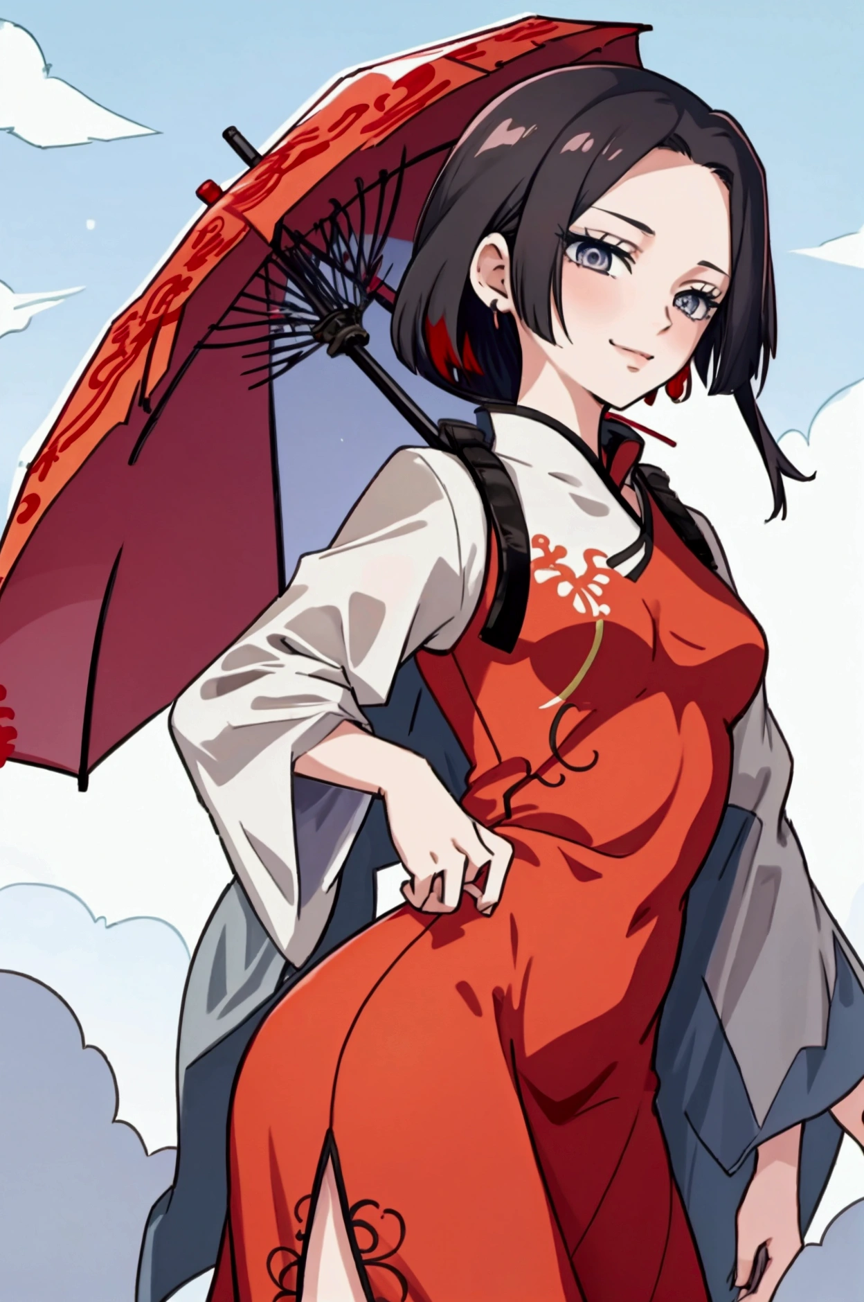 Female character short Reddish hair (Blue-gray  eyes) small eyes, with a smile her face (wearing red Qi pao) With an umbrella in his hand 