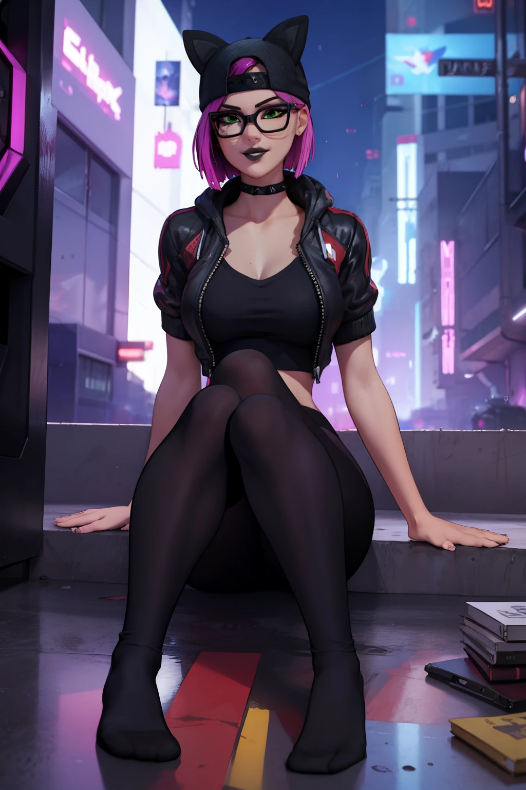 Traje de lince Cyberpunk, gorra, gargantilla con picos , shorts negro con leggins Azul Marino, chaqueta Negra, feet,Extremadamente detallado, rostro detallado, hermoso rostro, ojos finos, mirando al espectador, pose femenino, Noche