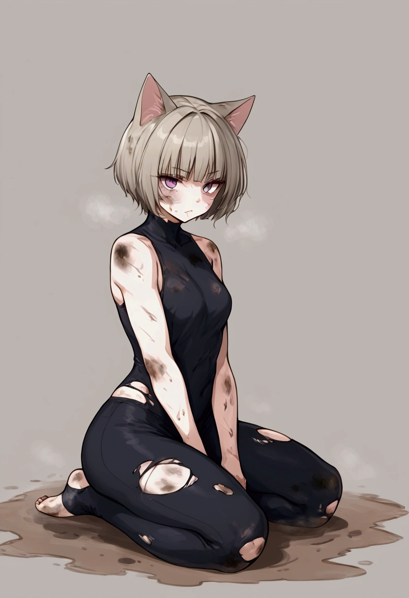 A Cat Girl,  big and strong very strong , short hair with bangs,WHITE,face dirty with dust,  short dirty and torn clothes.  full body , 