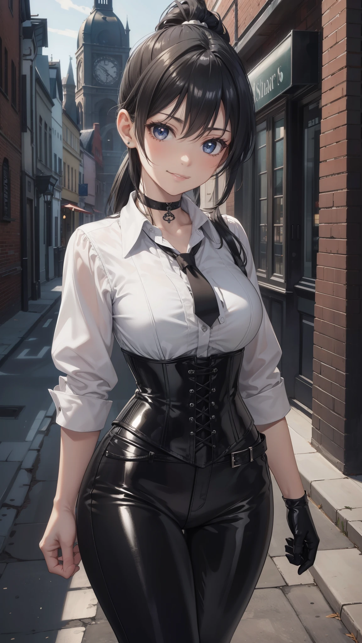  masterpiece ,  The best quality, high resolution,  beautiful detailed eyes ,  extremely detailed face, Detailed CG, 1 girl; standing,  view from the front,  tender expression , draw smile,  black hair short ponytail, brown eyes, He wears black headphones , choker:1.6, (( white buttoned shirt )), (black leather corset), ( black gloves), ( shiny black leather pants), Gothic alley , Gothic style city background , night, fog