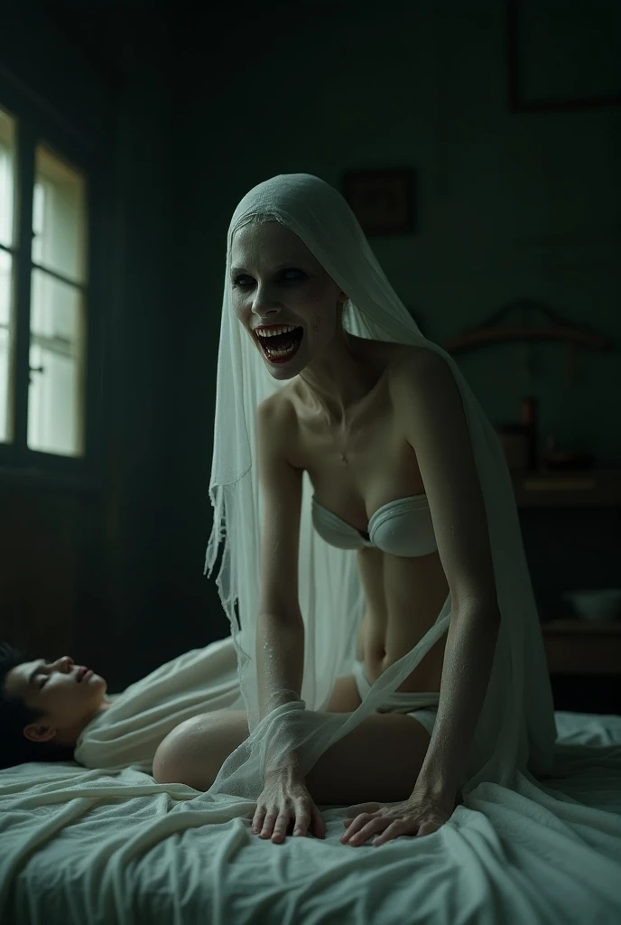 cinematic film still of  <lora:horror The Exorcist film style v1:0.9>
Demon possessed monster creature woman a  possessed woman standing in a bathroom next to a shower, gothic, dim, different, horror movie themed, sharp, detailed, epic photography, artistic, dramatic light, cinematic style, film style, exorcist style, 1girl, solo, long hair, , looking at viewer, black hair, navel, , standing, , , indoors, table, bed, joints, doll joints,  apart, dark, curtains, photorealistic, small 
, shallow depth of field, vignette, highly detailed, high budget, bokeh, cinemascope, moody, epic, gorgeous, film grain, grainy