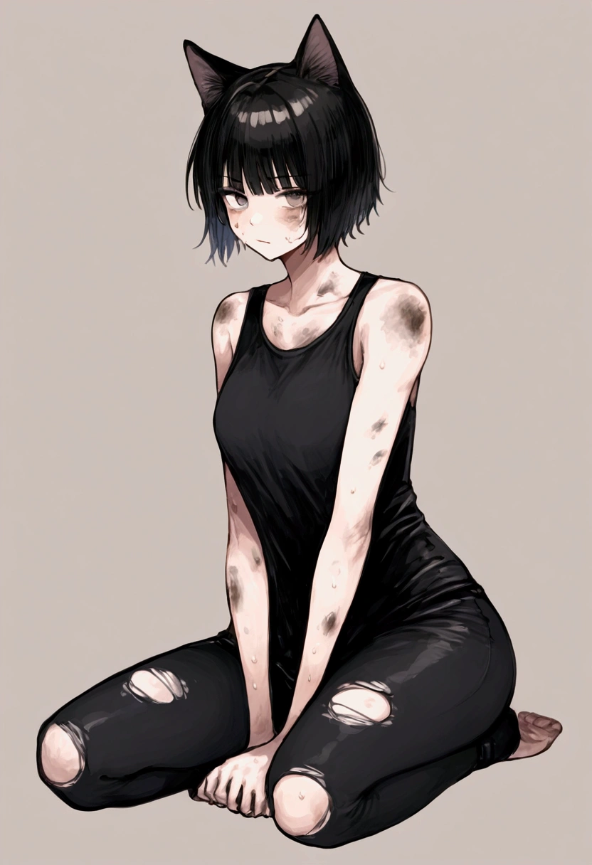 A Cat Girl,  big and strong very strong , short hair with bangs,WHITE,face dirty with dust,  short dirty and torn clothes.  full body , 