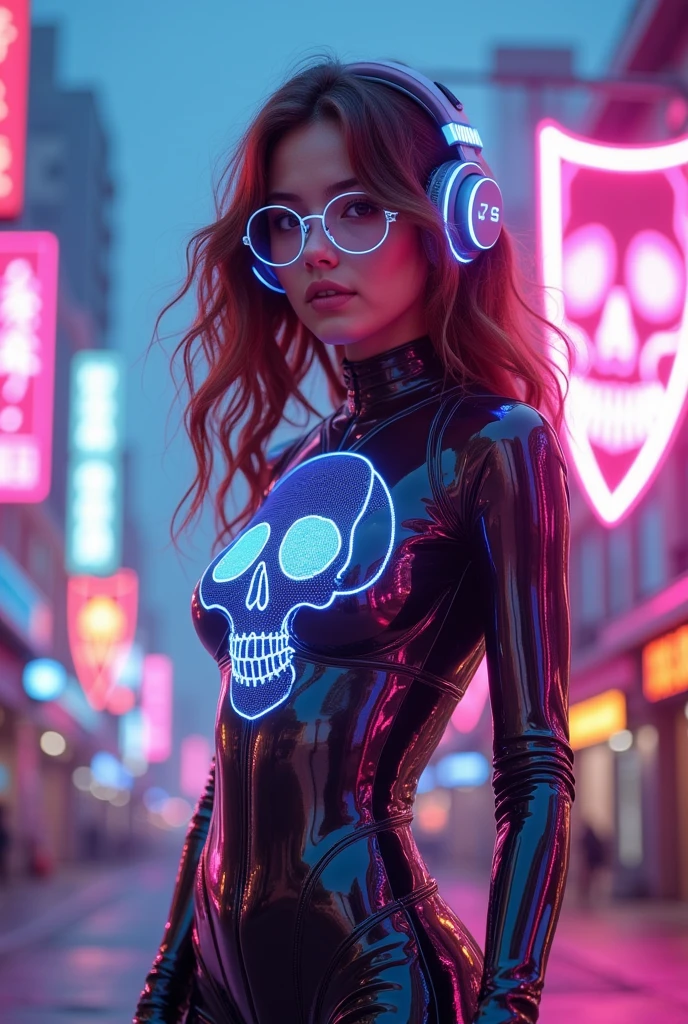 GJGJAA,Young Italian woman with brown wavy curls,figure costume in the shape of neon skull glass,an open sky full of neon shields and neon signs in a futuristic world,glasses and neon headphones,full body view,