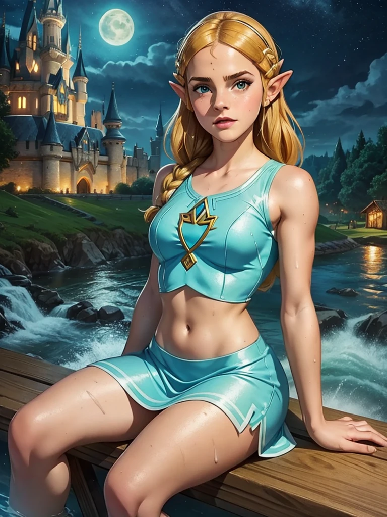 teen emma watson dressed princess zelda. sitting on a fence. short dress, crop top. Castle. Night. background river. wet. --s 1000