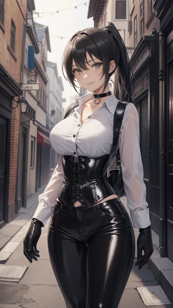  masterpiece ,  The best quality, high resolution,  beautiful detailed eyes ,  extremely detailed face, Detailed CG, 1 girl; standing,  view from the front,  tender expression , draw smile,  black hair short ponytail, brown eyes, He wears black headphones , choker:1.6, (( white buttoned shirt )), (black leather corset), ( black gloves), ( shiny black leather pants), Gothic alley , Gothic style city background , night, fog