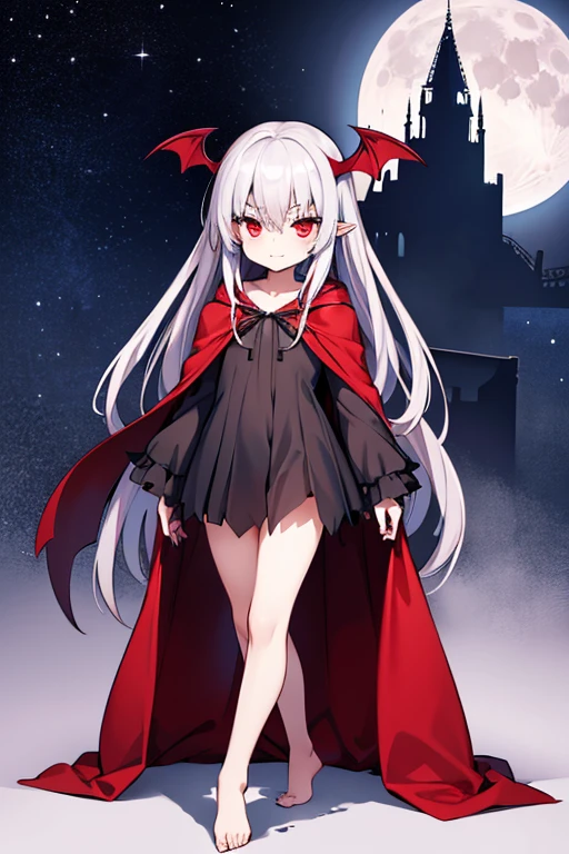 A naked vampire wearing a cloak、Small breasted girl、Thin limbs、Bloody、night、full moon、 Look Down、Long silver hair、Red Eyes、Cheeky face、Full body portrait、Stand on high ground、 low angle