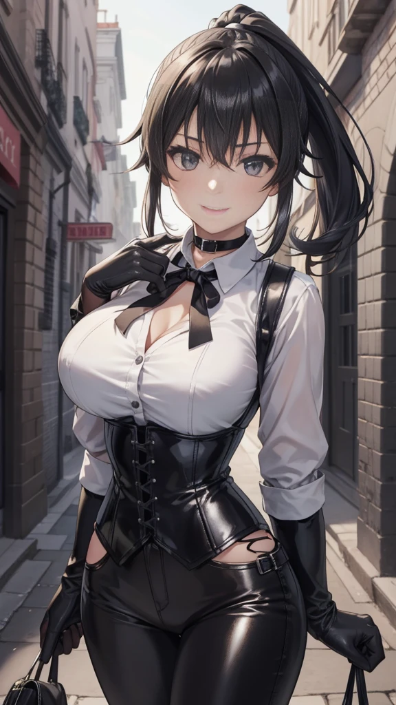  masterpiece ,  The best quality, high resolution,  beautiful detailed eyes ,  extremely detailed face, Detailed CG, 1 girl; standing,  Beautiful breasts, black ribbon on the chest ,  view from the front,  tender expression , draw smile,  black hair short ponytail, brown eyes, He wears black headphones , choker:1.6, (( white buttoned shirt )), (black leather corset), ( black gloves), ( shiny black leather pants), Gothic alley ,  city gothic style background, night, fog