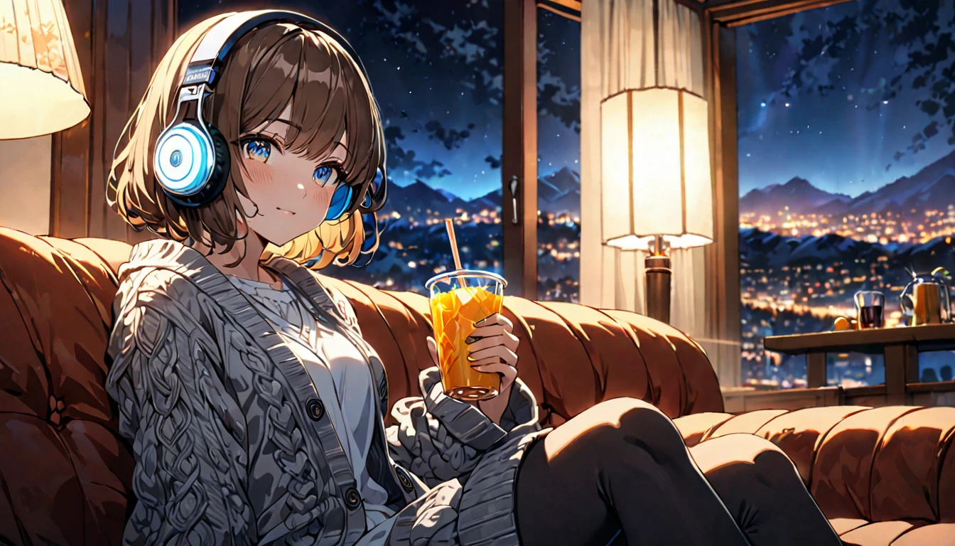 Girl with headphones enjoying music in a cafe I am studying Emphasize a little bit of the chest