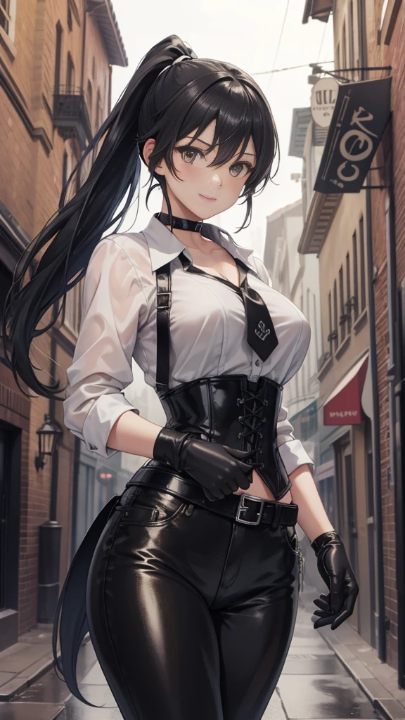  masterpiece ,  The best quality, high resolution,  beautiful detailed eyes ,  extremely detailed face, Detailed CG, 1 girl; standing,  Beautiful breasts, black ribbon on the chest ,  view from the front,  tender expression , draw smile,  black hair short ponytail, brown eyes, He wears black headphones , choker:1.6, (( white buttoned shirt )), (black leather corset), ( black gloves), ( shiny black leather pants), Gothic alley , Gothic style city background , night, fog